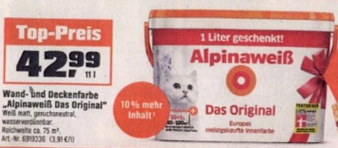 Testsiegel Alpinaweiss Farbeimer Anzeige in Zeitschrift