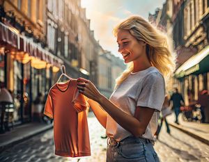 Frau betrachtet T-Shirt beim Einkaufen auf sonniger Straße